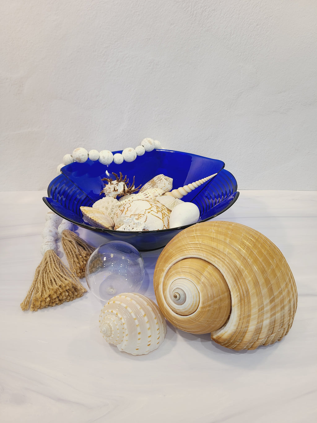 Mid-century Cobalt Blue Glass Serving Bowl late 1960s-earlly 1970s styled with shells