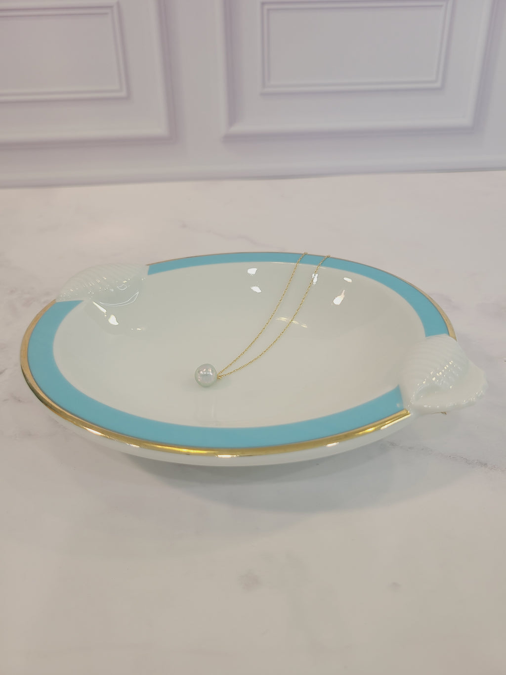 Ben Rickert Fine China Dish with Seashell Embossed Rim and aqua and gold trim 1980s shown with necklace