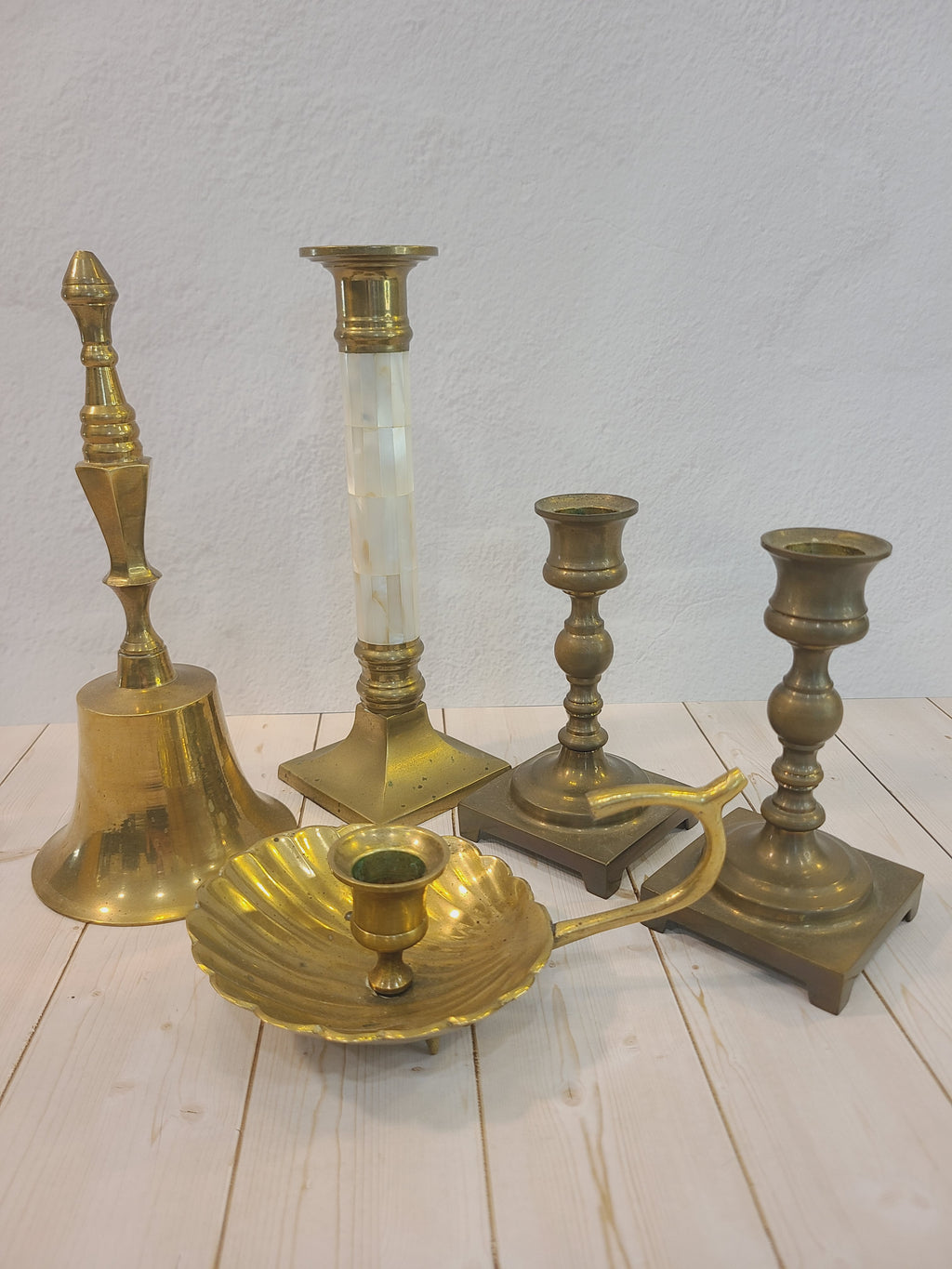 Brass and Mother of Pearl Hollywood Regency Candle Holder 1970s shown with other brass items