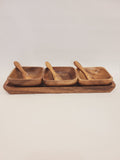 7-piece mid-century monkey pod wood serving set with rectangular tray, three square bowls, and carved spoons, Philippines circa 1950s–1960s