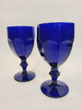 Pair of Libbey Gibraltar cobalt blue glass goblets, angular architectural form with faceted stem, vintage USA circa late 1970s–early 1980s, 6.75 inches tall