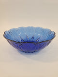 Avon Royal Sapphire cobalt blue glass soup bowl, angled view showing embossed leaf rim and diamond-optic texture — France