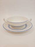 Copeland Spode Elaine cream soup bowl and underplate set, soft blue laurel vine on ivory — Mansard shape, 1939 England