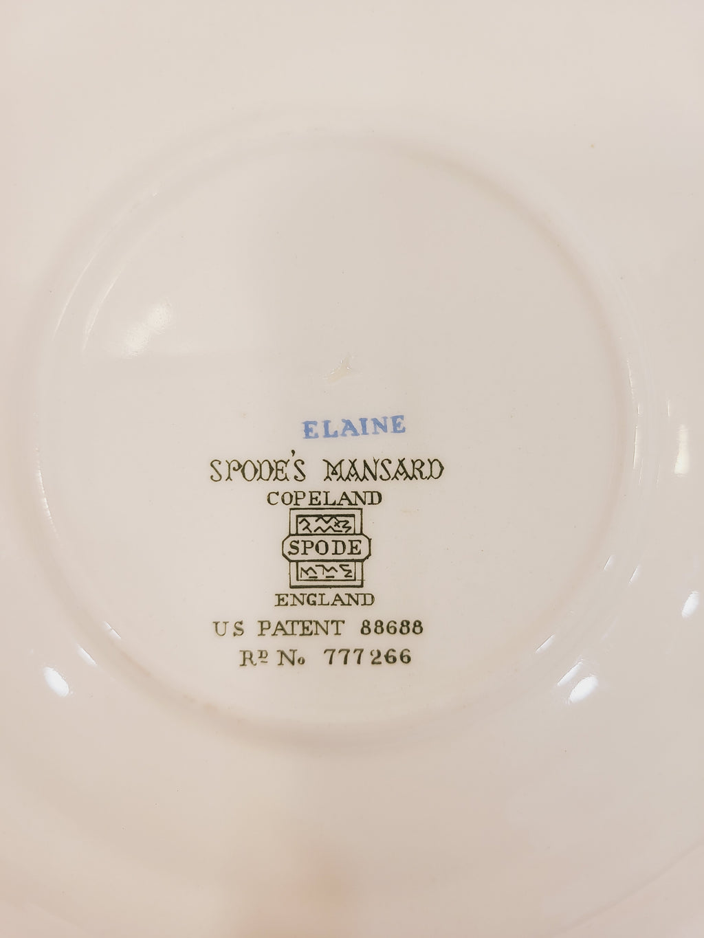 Copeland Spode Elaine backstamp on underplate — Spode's Mansard England US Patent 88688 Rd No 777266 pottery mark