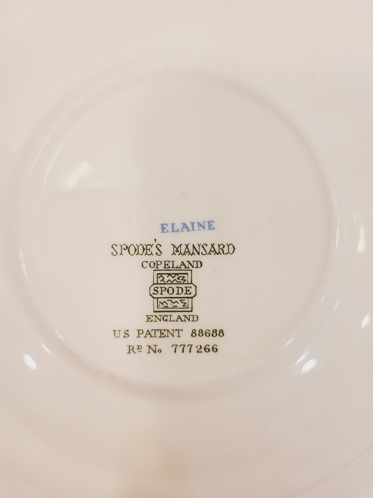Copeland Spode Elaine backstamp on underplate — Spode's Mansard England US Patent 88688 Rd No 777266 pottery mark