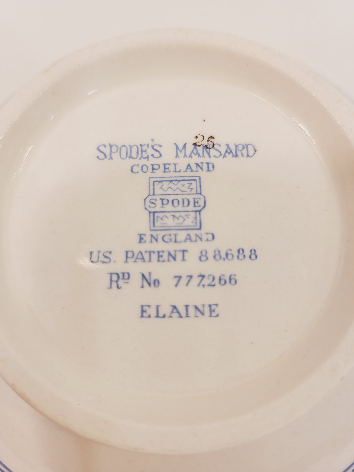Copeland Spode Elaine blue backstamp on cream soup bowl base — Spode's Mansard Copeland England pottery mark, circa 1939