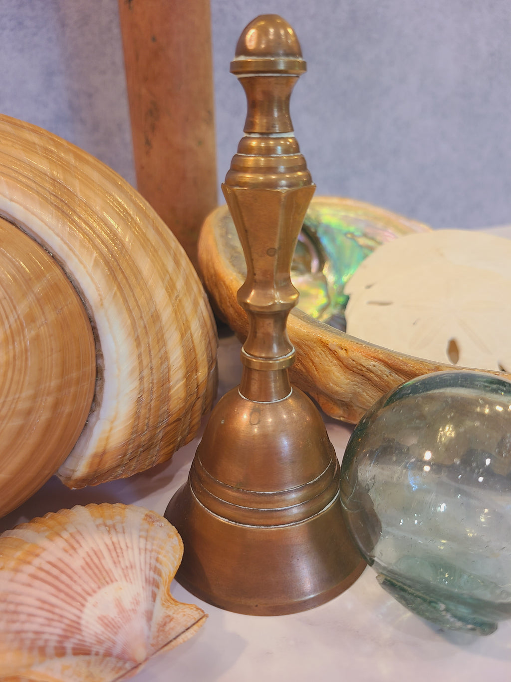 Vintage solid red brass hand bell close-up in coastal styled vignette with tun shell, abalone, and glass fishing float