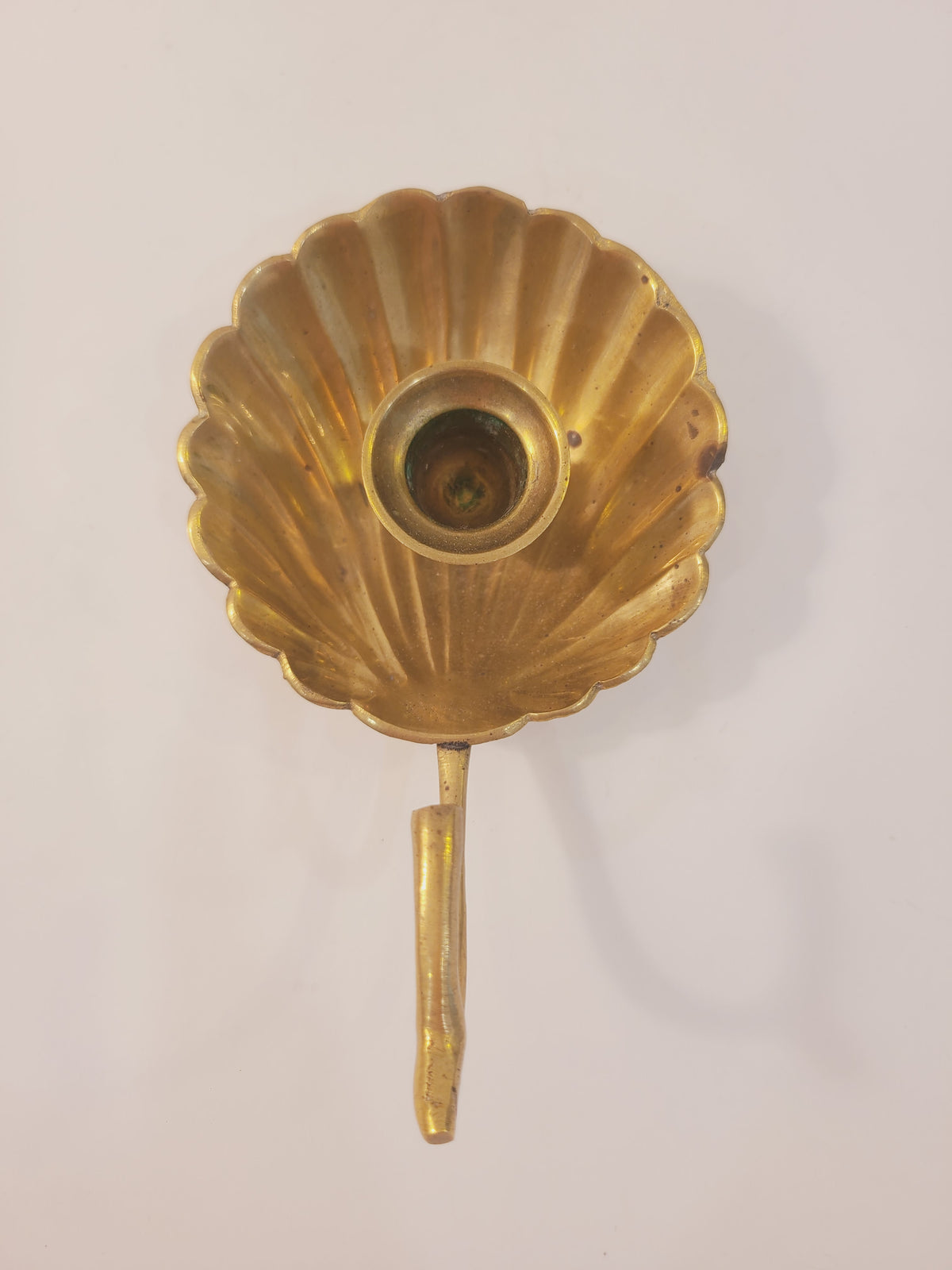 Overhead top-down view of solid brass scallop shell chamber candle holder showing detailed shell rib pattern and taper candle cup, 4 inch diameter