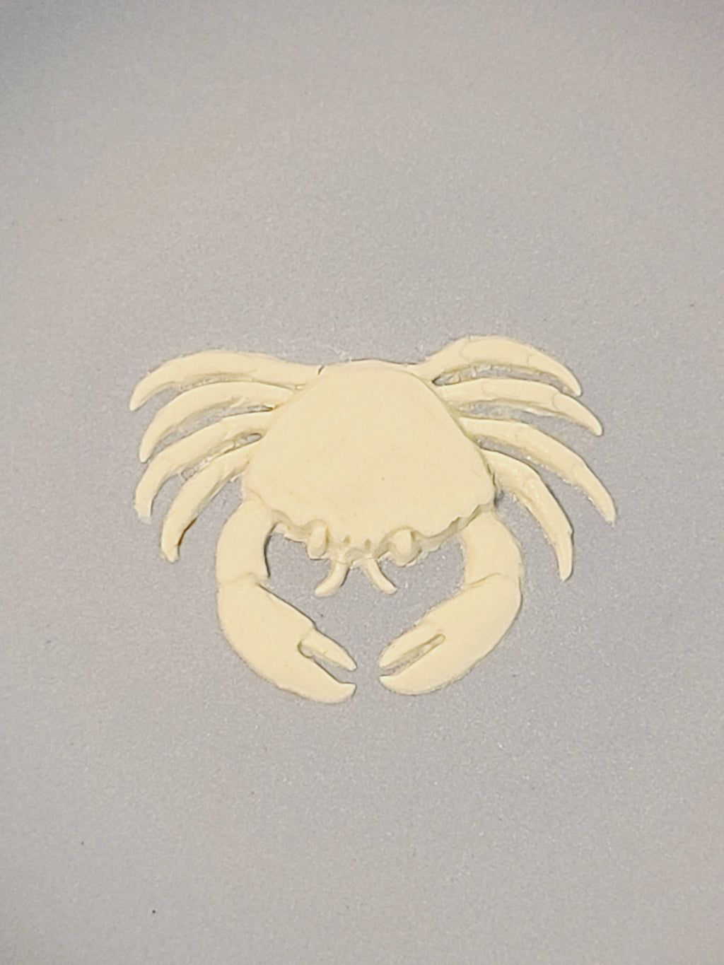 Macro close-up of white bas-relief crab cameo on Wedgwood blue jasperware, Cancer zodiac symbol detail showing sculpted claws and legs