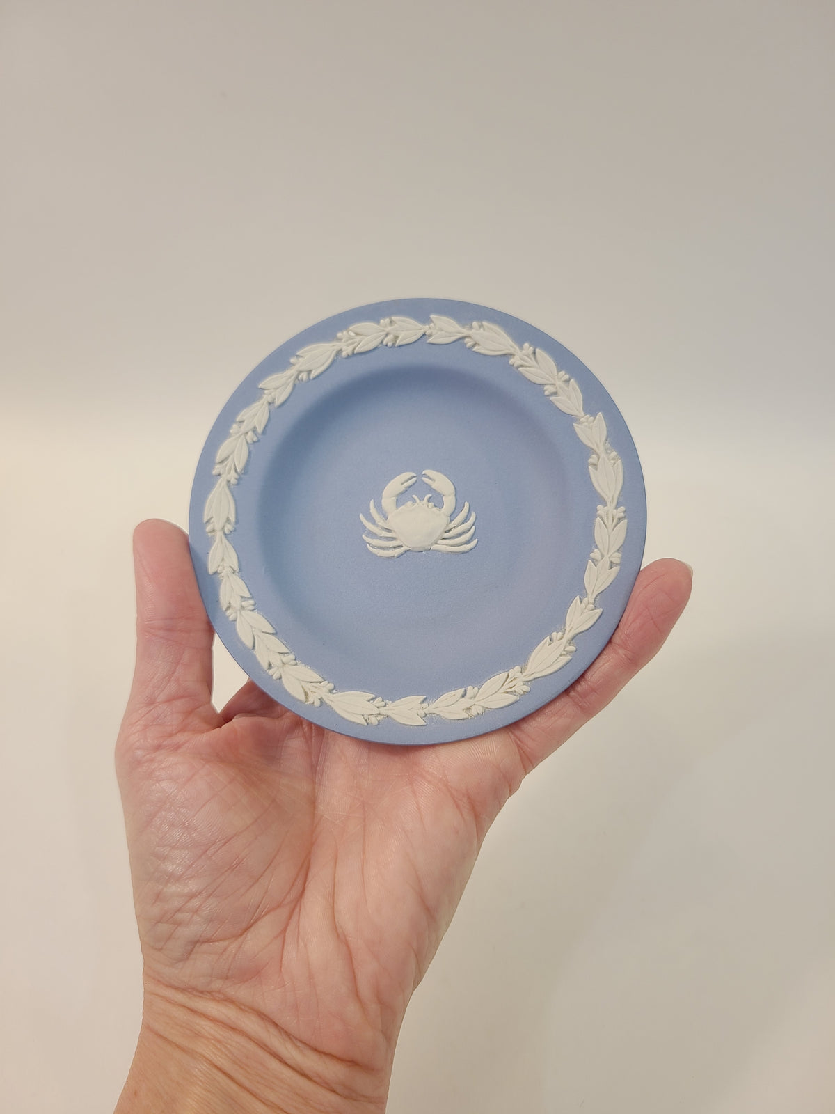 Hand holding Wedgwood blue jasperware Cancer zodiac crab pin plate showing size scale, white bas-relief crab cameo and laurel wreath border, 4.5 inch