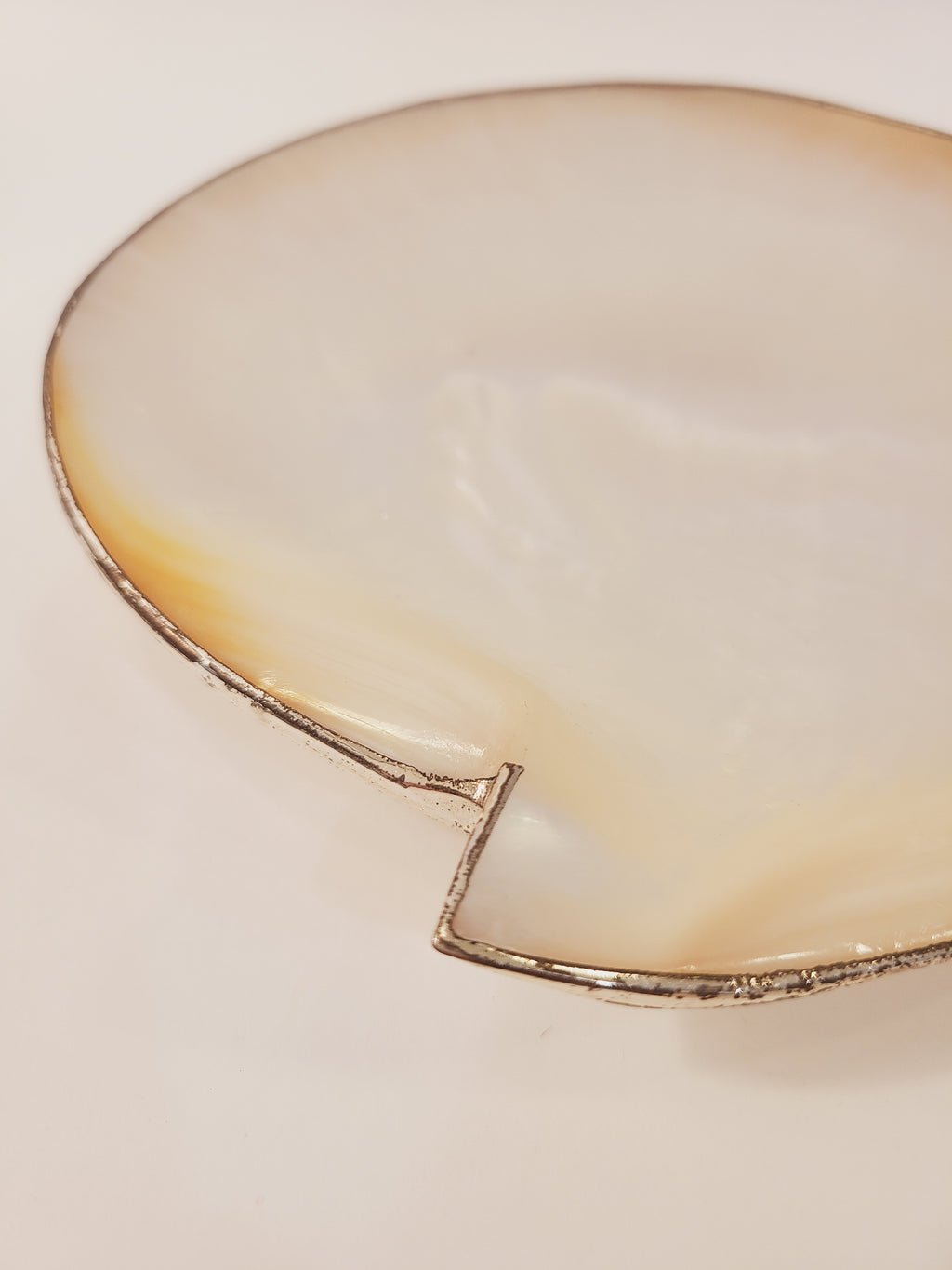 Angled side view of vintage mother of pearl footed dish showing curved profile, distressed silver rim, and notch cutout, Hollywood Regency decor