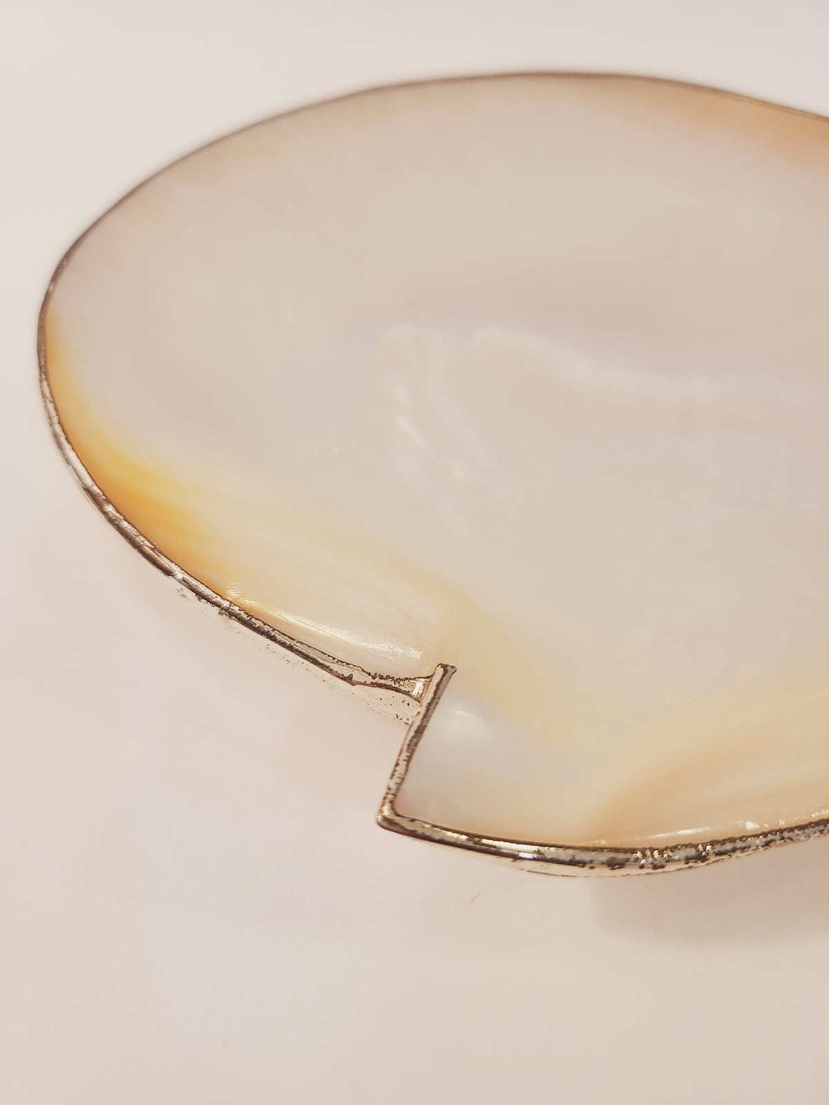 Angled side view of vintage mother of pearl footed dish showing curved profile, distressed silver rim, and notch cutout, Hollywood Regency decor