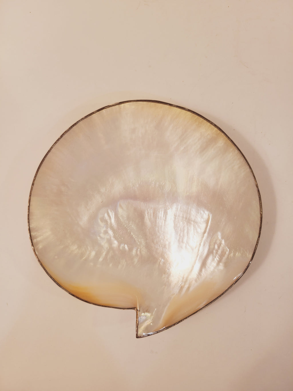 Vintage mother of pearl footed dish top view, iridescent nacre surface with silver metal rim, 6 inch coastal catchall dish