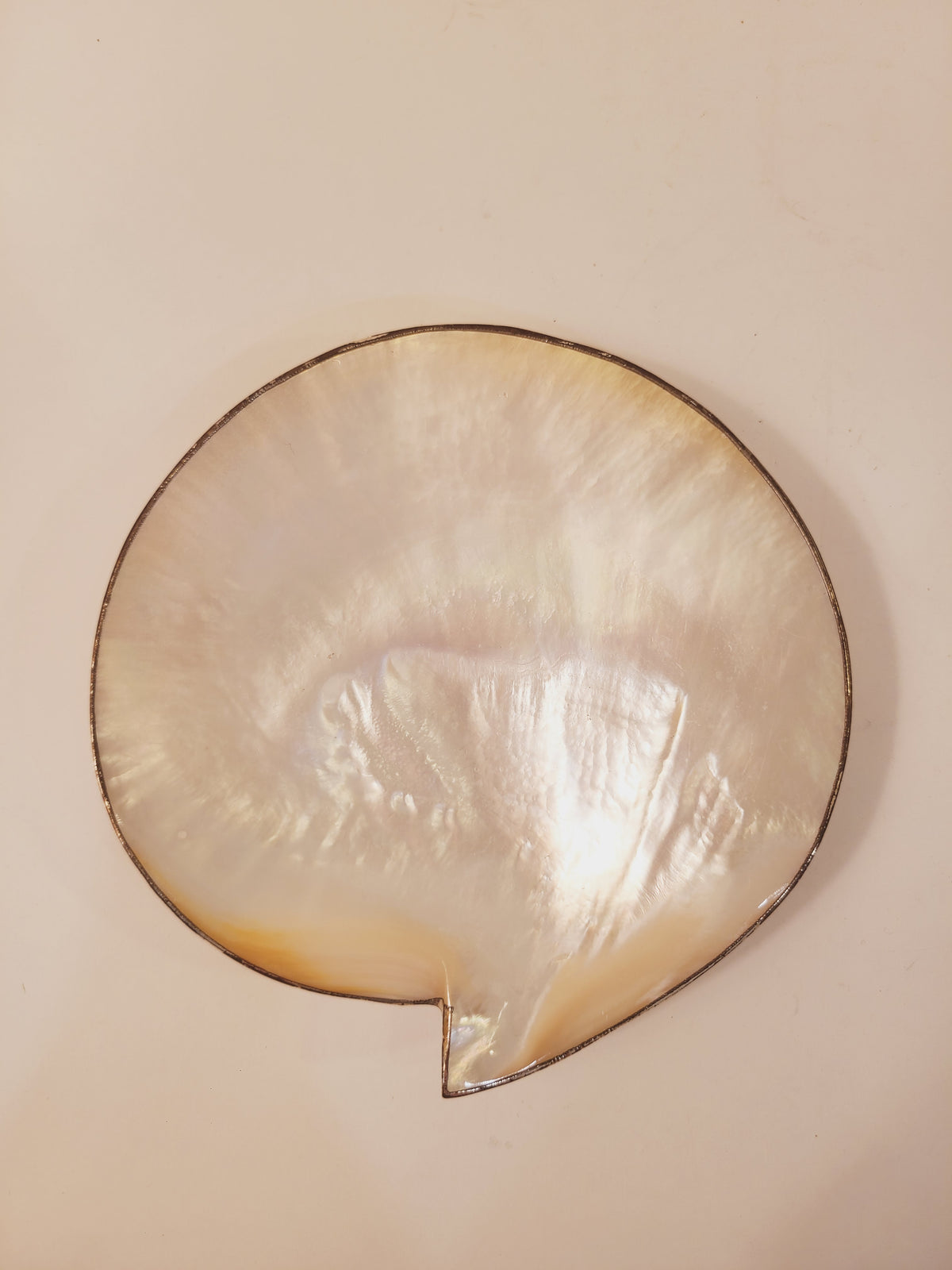 Vintage mother of pearl footed dish top view, iridescent nacre surface with silver metal rim, 6 inch coastal catchall dish