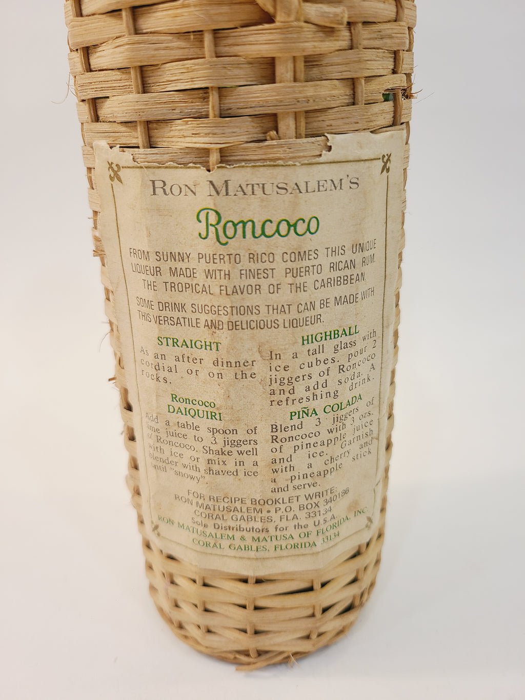 Close-up of Roncoco back label showing Ron Matusalem Coral Gables Florida address and vintage cocktail recipes