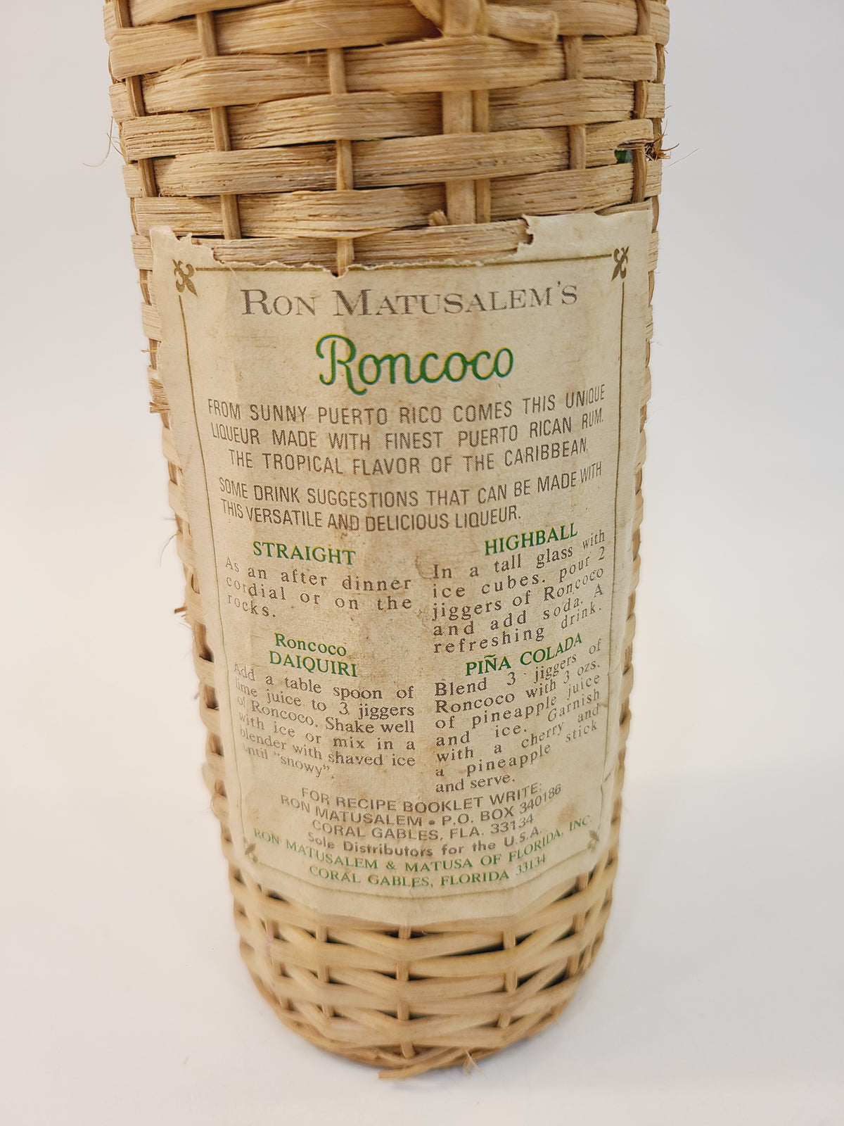 Close-up of Roncoco back label showing Ron Matusalem Coral Gables Florida address and vintage cocktail recipes
