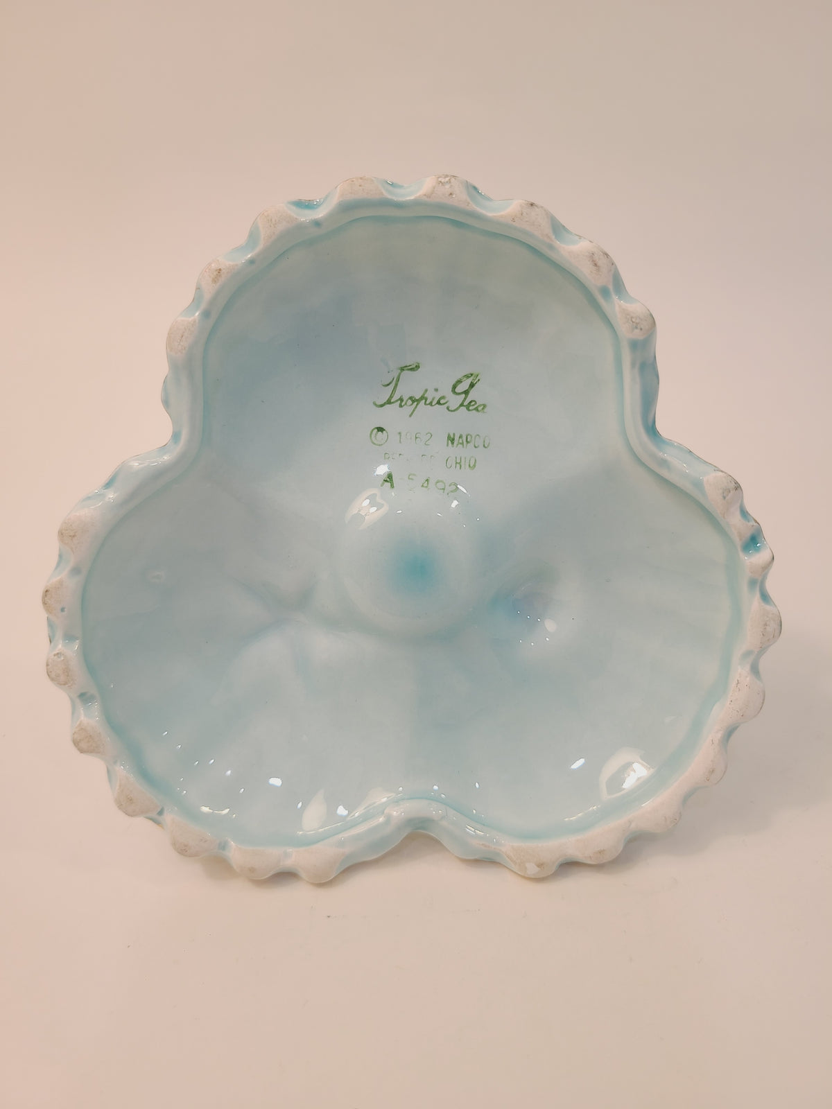 Underside of NAPCO Tropic Sea candle holder showing original Tropic Sea copyright stamp and Japan maker's mark, 1962