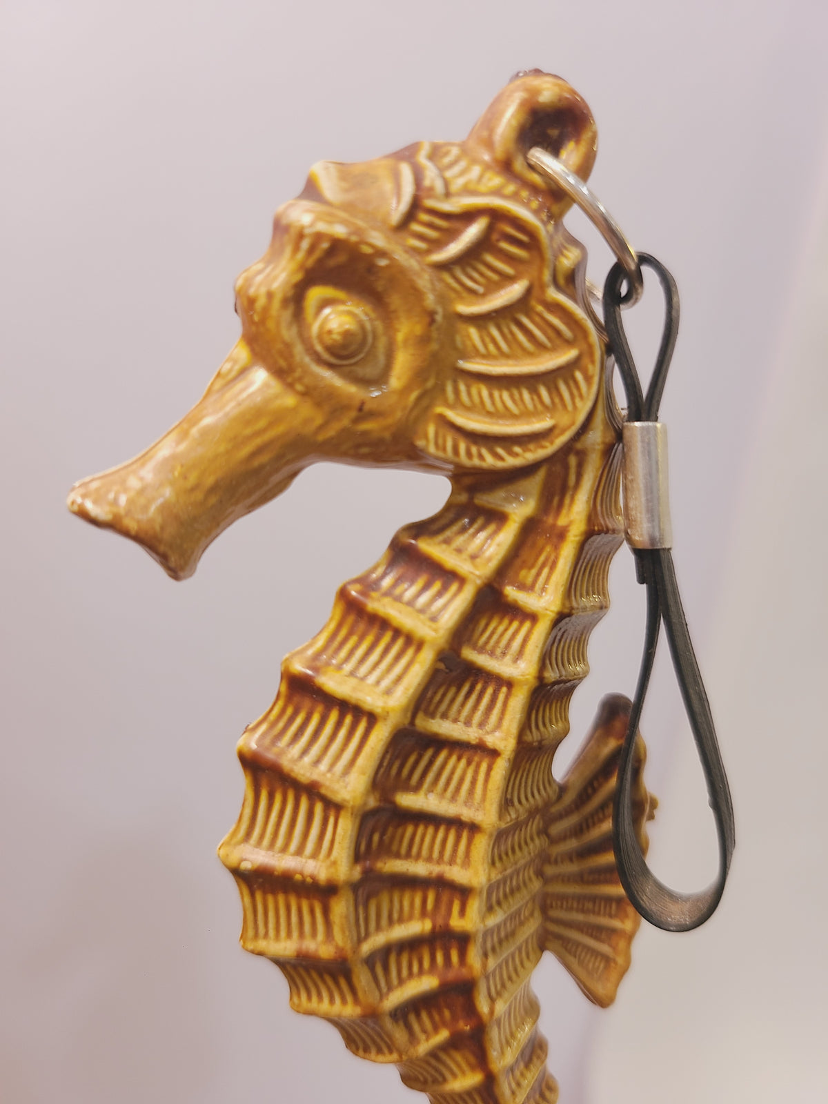 Close-up of the seahorse brush handle showing its detailed face, fin texture, and hanging loop