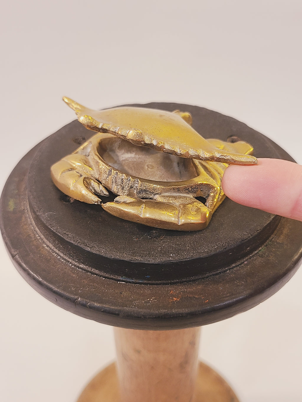 Hinged shell being lifted on a solid brass crab trinket box to show the interior compartment