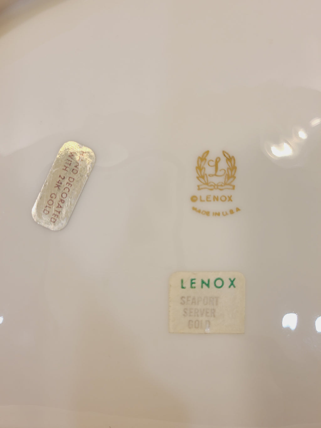 Underside of Lenox Seaport fish platter showing original factory labels and 24K gold decoration mark
