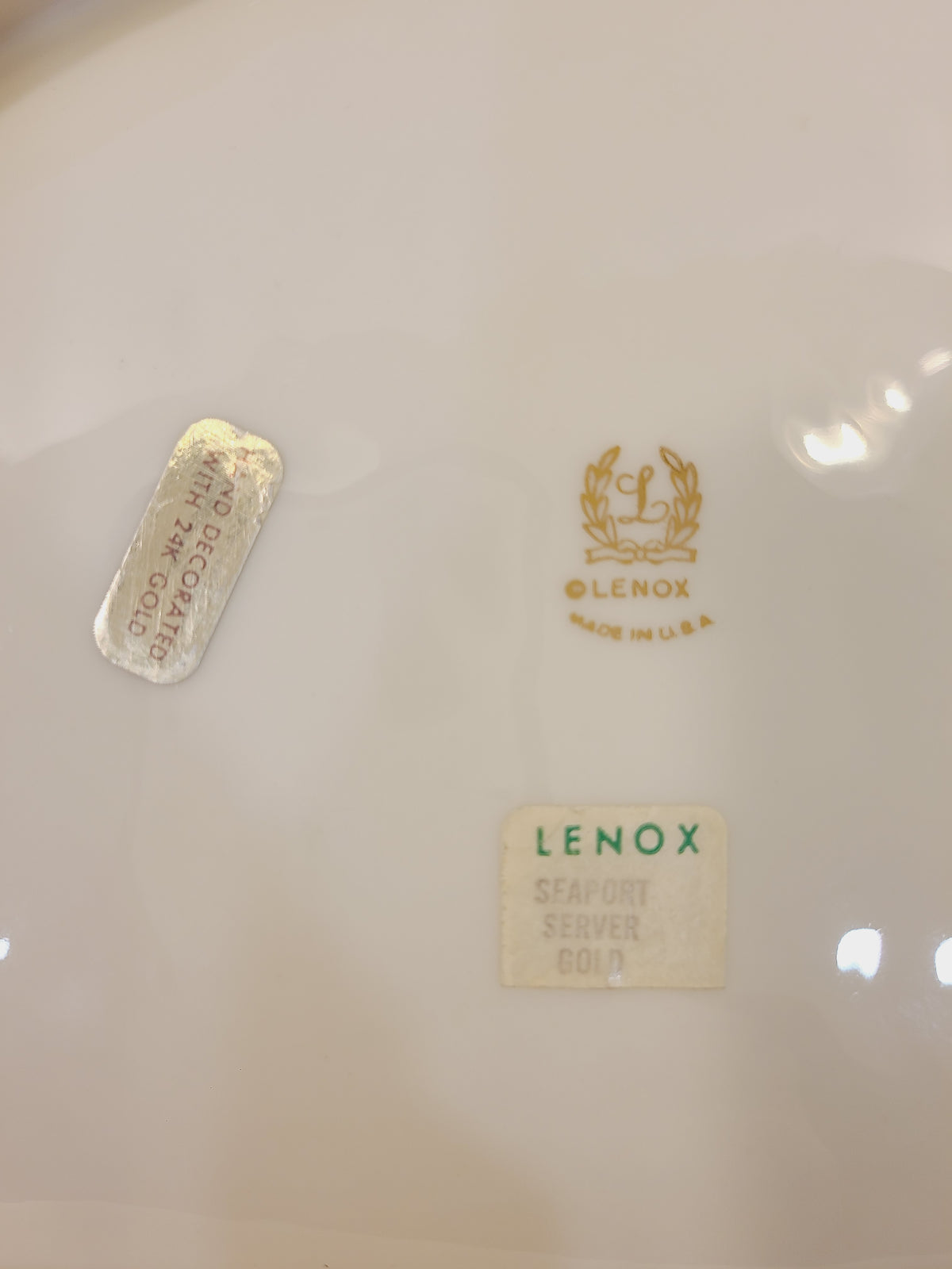 Underside of Lenox Seaport fish platter showing original factory labels and 24K gold decoration mark
