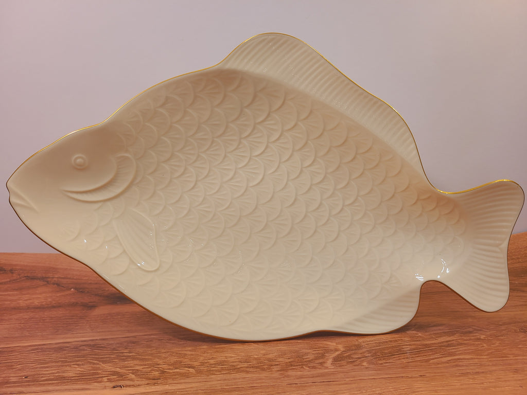 Lenox Seaport fish-shaped serving platter in glossy ivory bone china with embossed scales and 24K gold trim