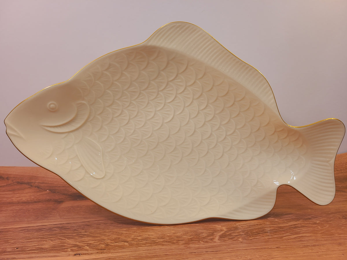 Lenox Seaport fish-shaped serving platter in glossy ivory bone china with embossed scales and 24K gold trim