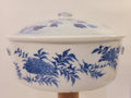 Blue and white porcelain lidded serving bowl with botanical decoration and domed lid. East Asia